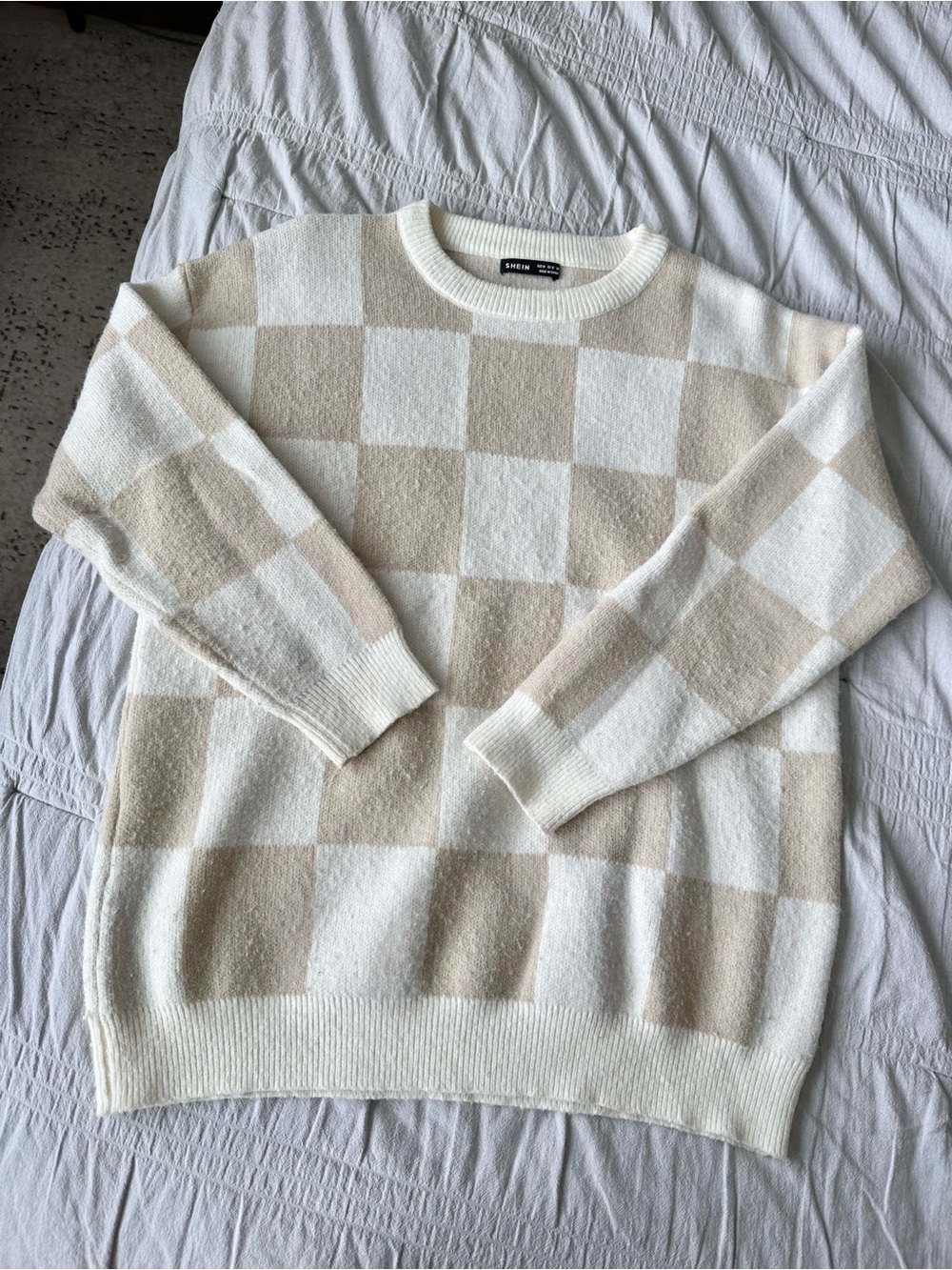 shein Checkerboard Crewneck Sweater - Beige & White